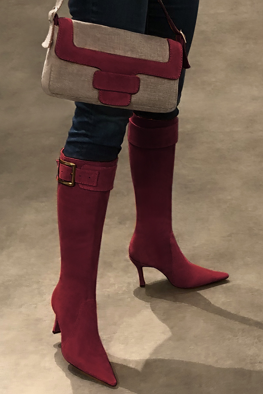 Burgundy red women's feminine knee-high boots. Pointed toe. Very high spool heels. Made to measure. Worn view - Florence KOOIJMAN